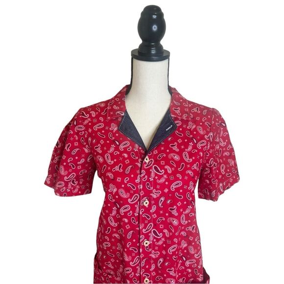 Uqnatu Red Midi Short Sleeve Paisley Red & Denim Dress Size Medium - Picture 2 of 7